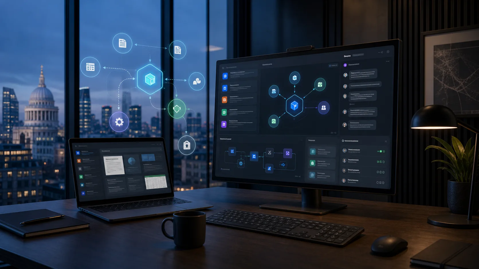 Dark editorial image of a regulated firm workspace with abstract Copilot agents, Microsoft 365-style apps, workflow automation and secure permission nodes.