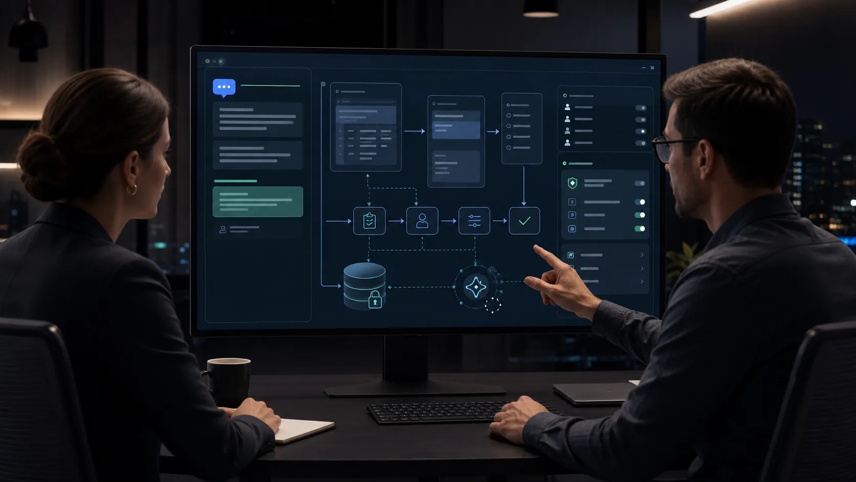 Modern office scene showing abstract internal app screens, permission controls, database and workflow arrows.