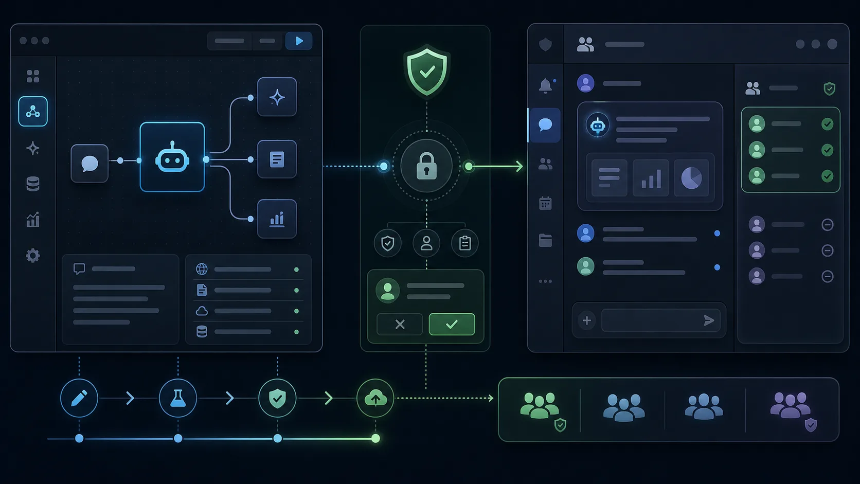 Abstract diagram showing a custom agent being built, approved and deployed into Teams and Microsoft 365 Copilot.