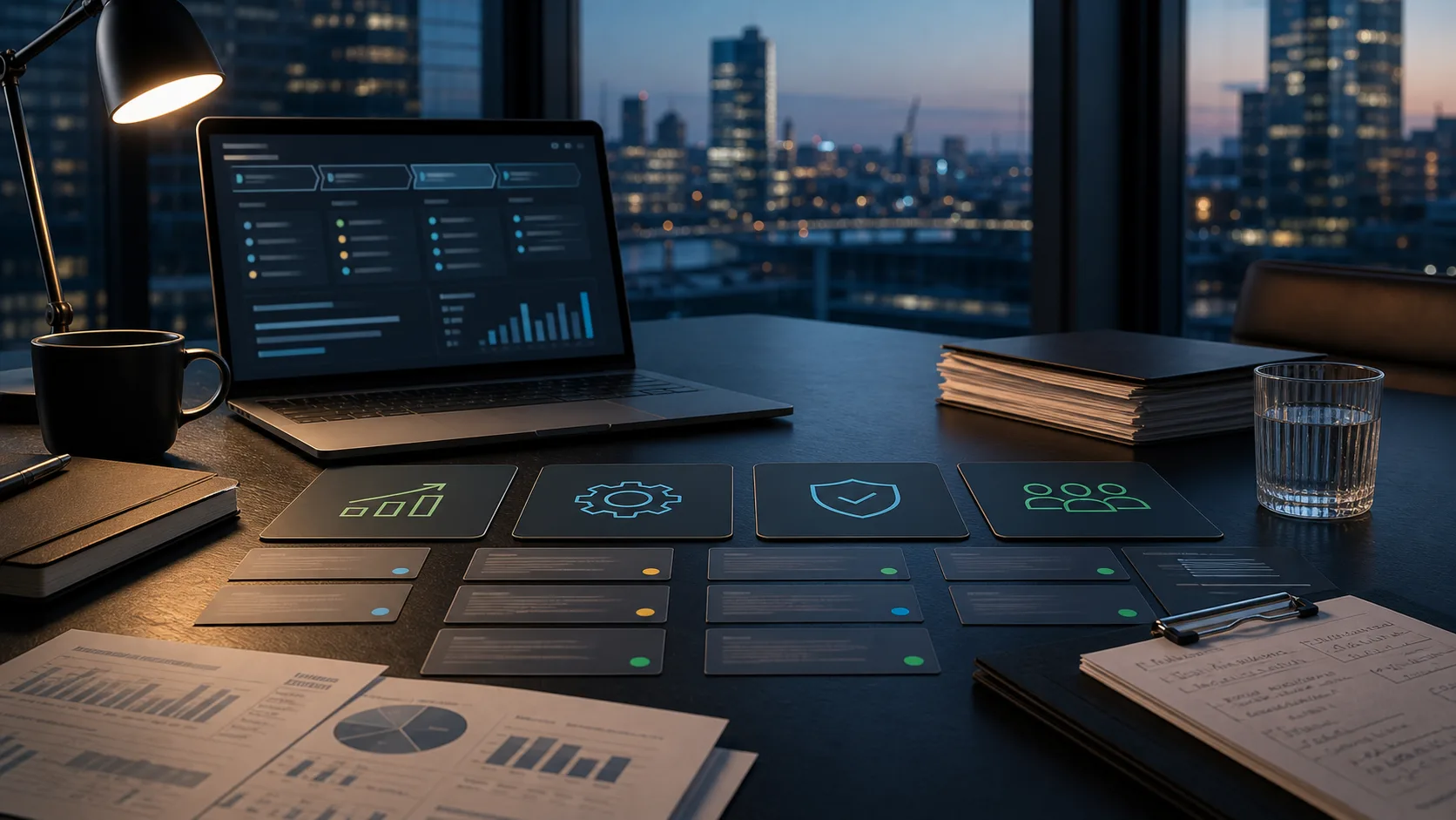 Dark editorial image of use-case cards being sorted across value, feasibility, risk and adoption categories in a private markets office.