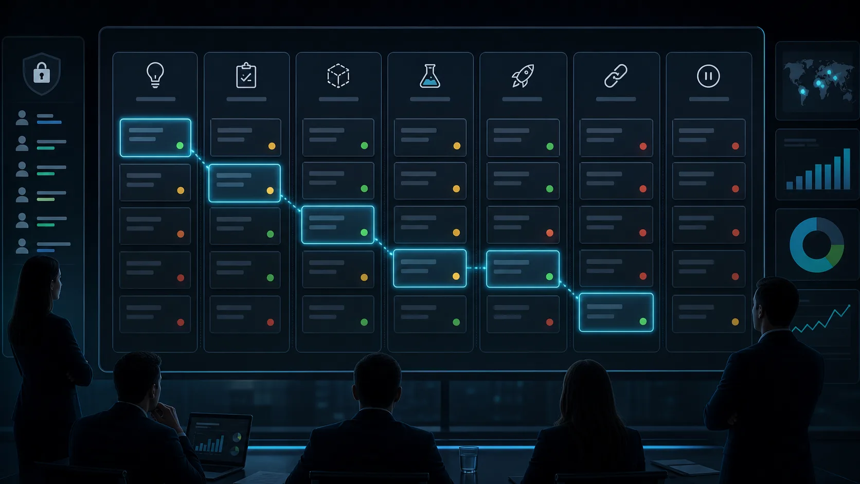 Dark kanban-style pipeline showing AI use cases moving through assessment, prototype, pilot, launch and adoption stages.