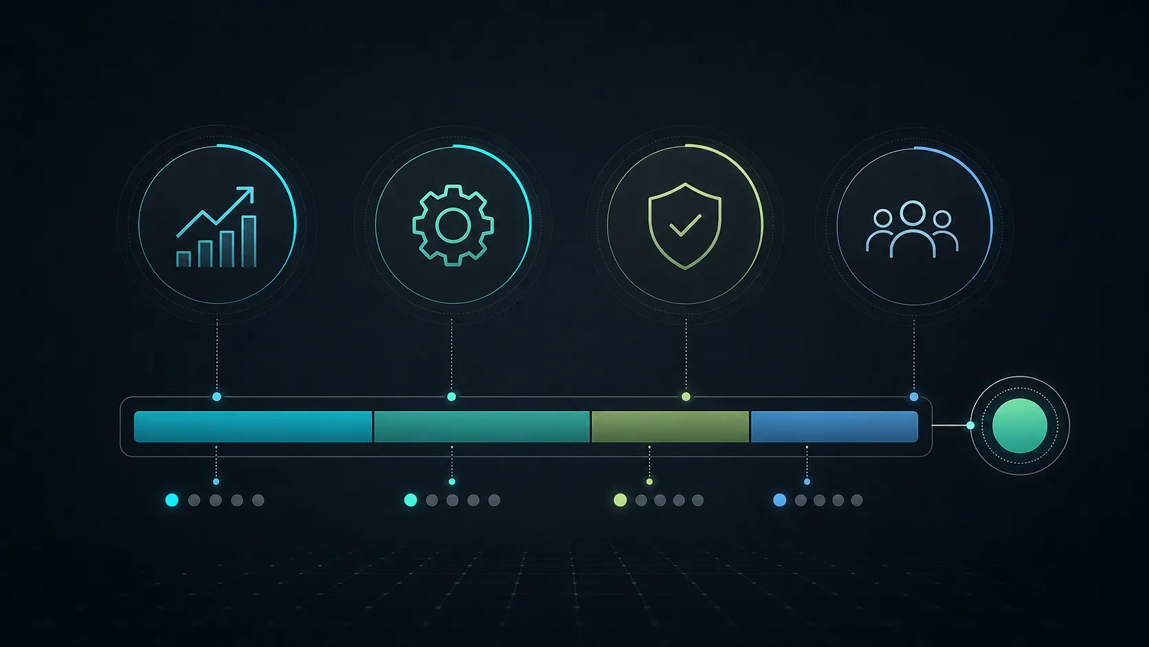 Dark framework diagram showing four abstract scoring icons for value, feasibility, risk and adoption with a weighted score bar.